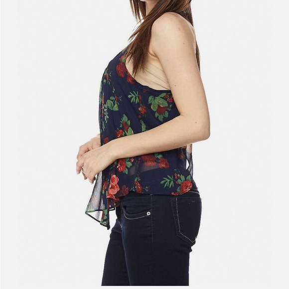 Ambiance Chiffon Floral Print Tulip Back navy blue size medium Tank Lining - Picture 3 of 14